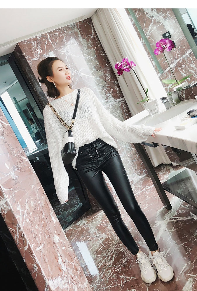 High Waist Leather Lace-up Skinny Pencil Pants