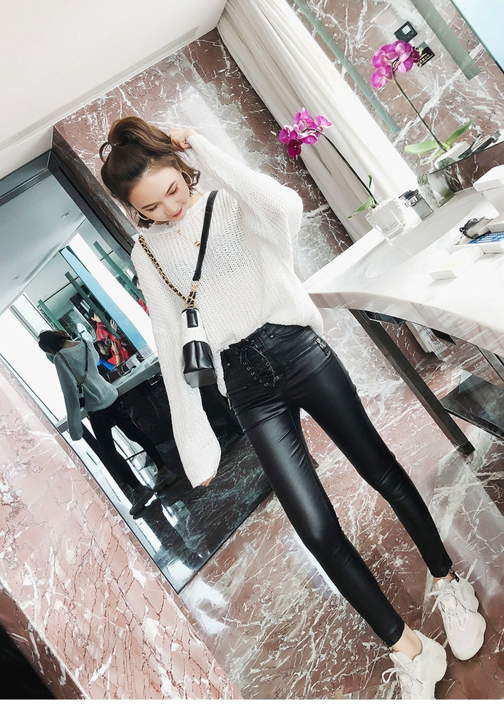 High Waist Leather Lace-up Skinny Pencil Pants