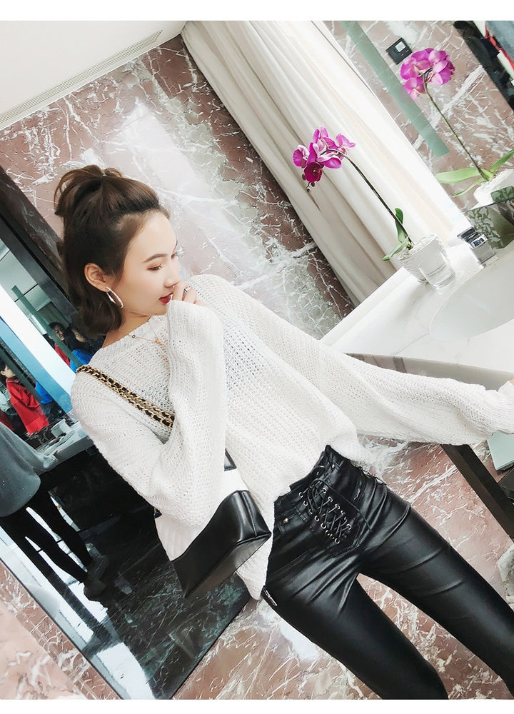 High Waist Leather Lace-up Skinny Pencil Pants