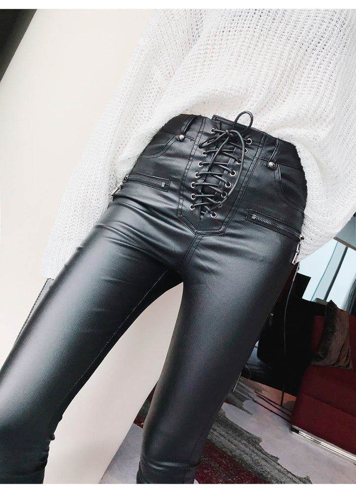 High Waist Leather Lace-up Skinny Pencil Pants