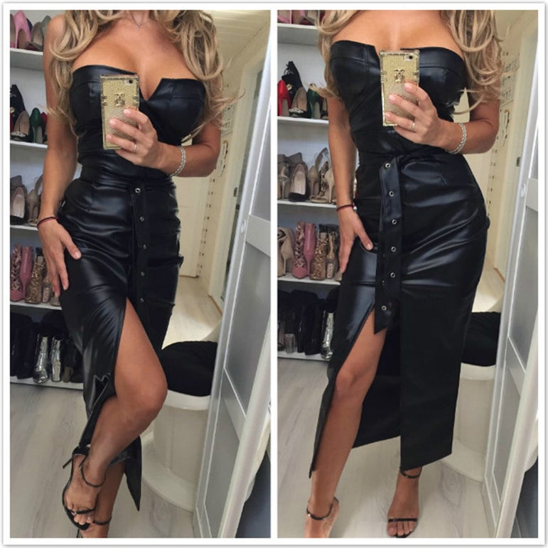 Backless Leather High Split Dress