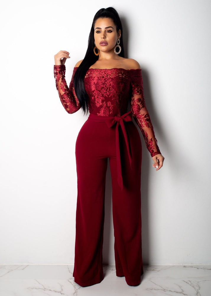 Off Shoulder Appliques Lace Patchwork Jumpsuit