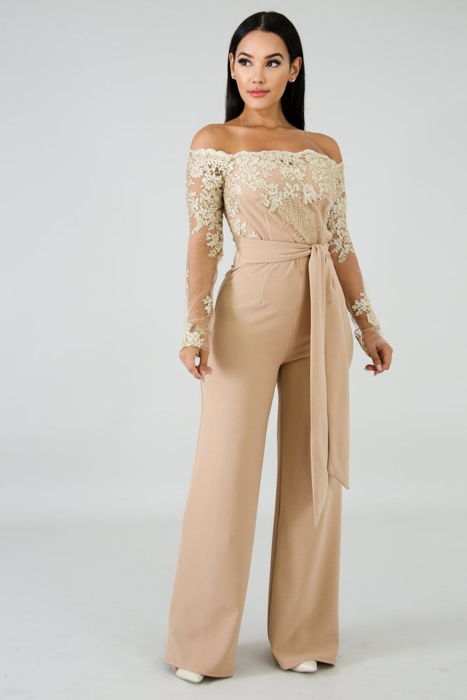 Off Shoulder Appliques Lace Patchwork Jumpsuit