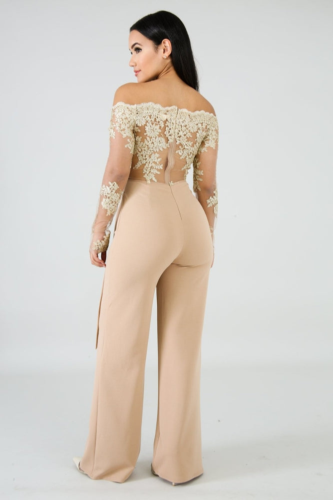 Off Shoulder Appliques Lace Patchwork Jumpsuit