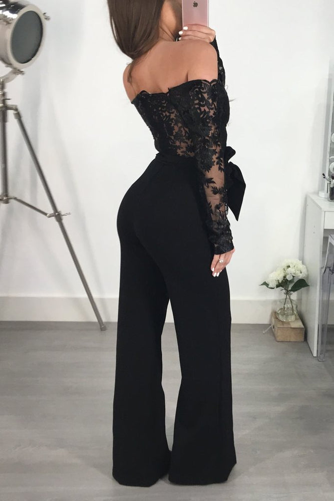 Off Shoulder Appliques Lace Patchwork Jumpsuit