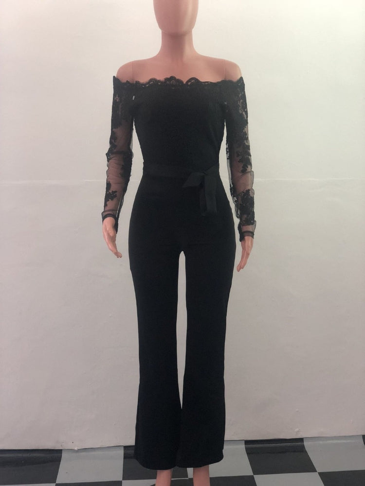 Off Shoulder Appliques Lace Patchwork Jumpsuit