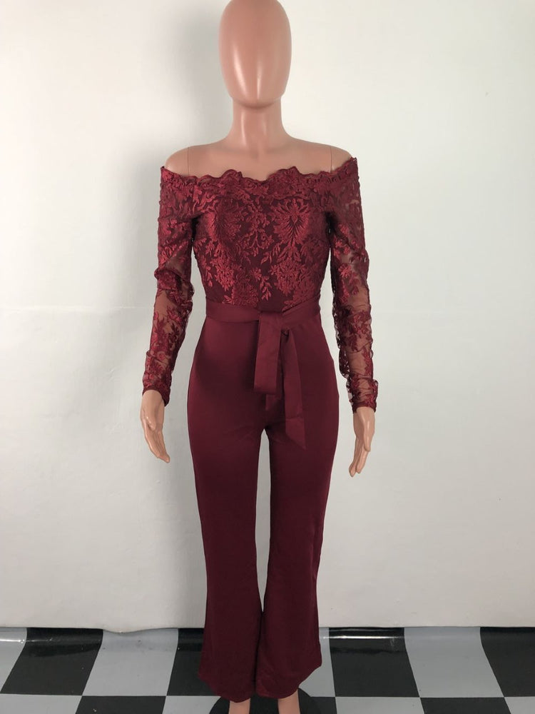 Off Shoulder Appliques Lace Patchwork Jumpsuit