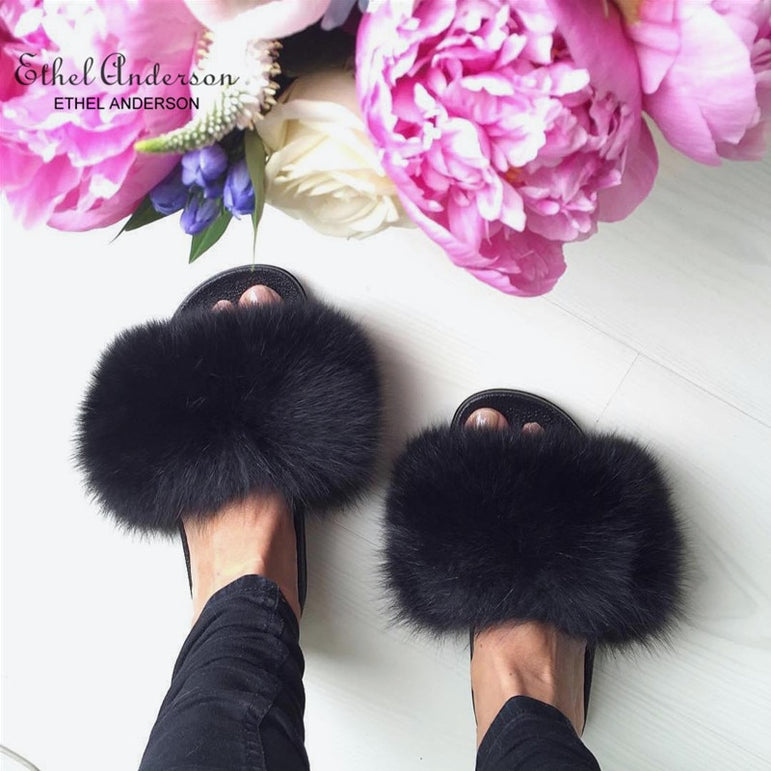 Real FOX Fur Slides Indoor Flip Flops