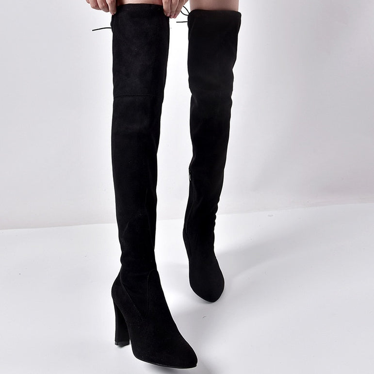 Lace Up Leather Over The Knee Boots