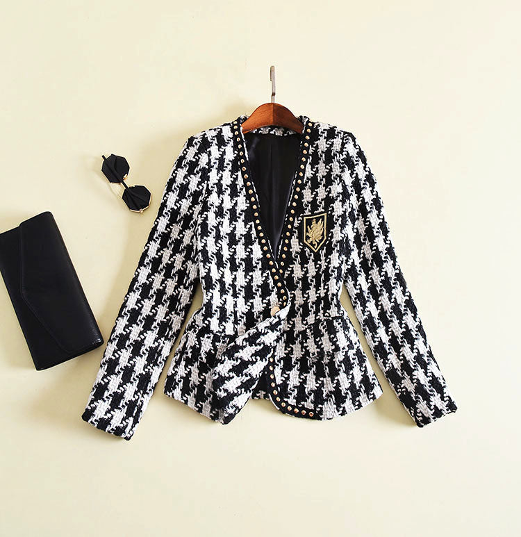 Long Sleeve Runway Rivet Houndstooth Jacket