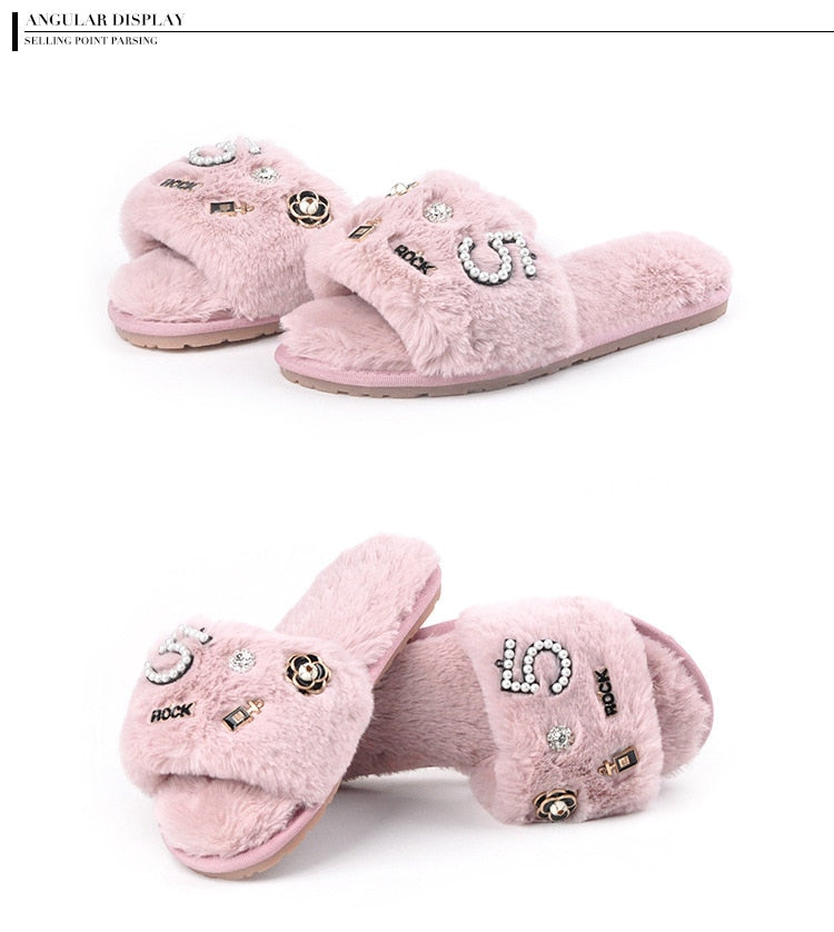 plush Flower Fur Slippers