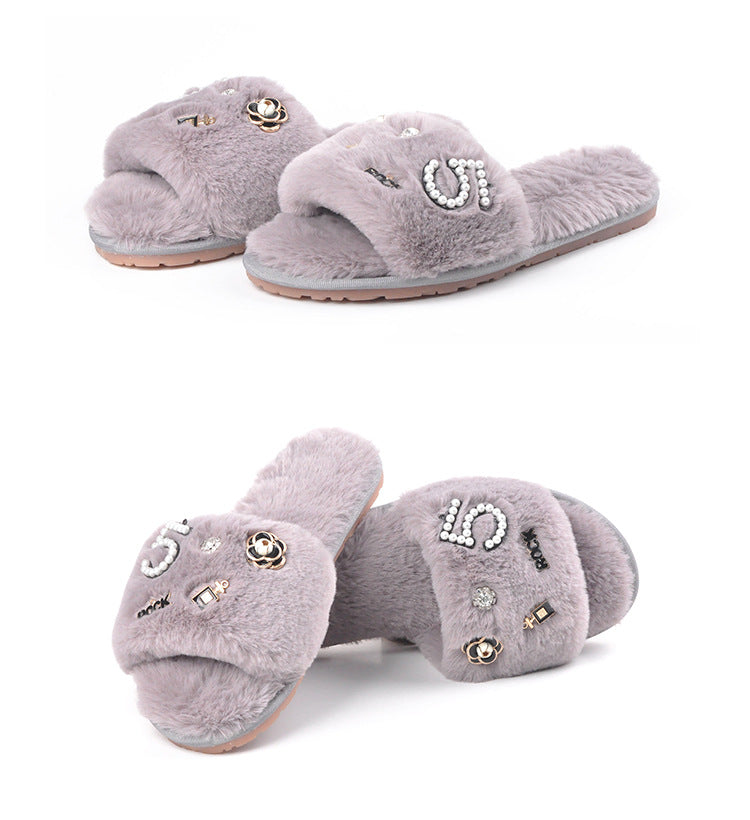 plush Flower Fur Slippers