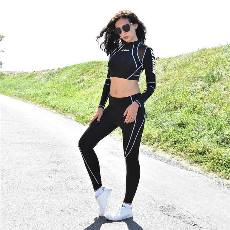 Long Sleeve Crop Top Mesh Women Sports Suits