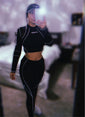 Long Sleeve Crop Top Mesh Women Sports Suits