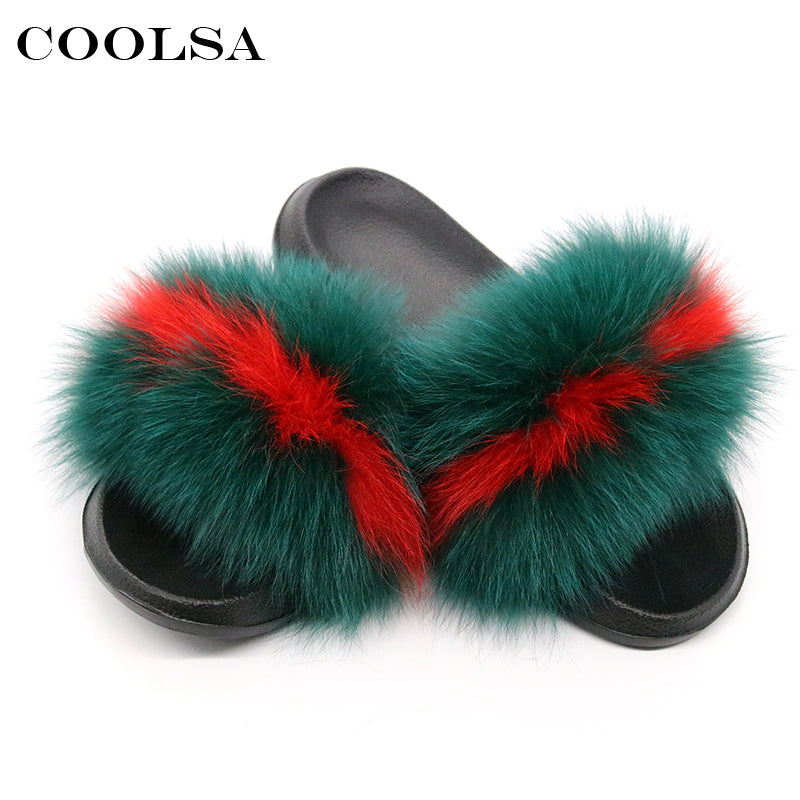 Indoor Flip Flops Women Fox Fur Slippers