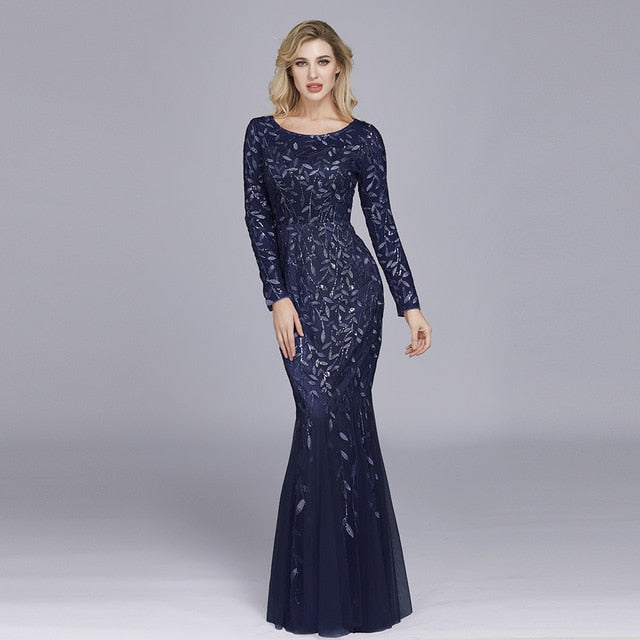 Full Sleeve Lace Appliques Mermaid Evening Dresses