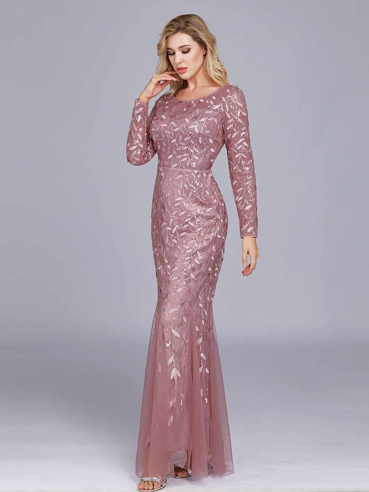 Full Sleeve Lace Appliques Mermaid Evening Dresses