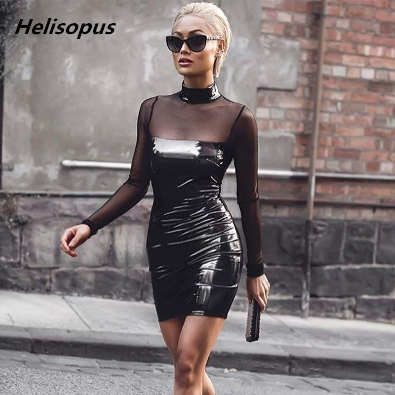 Leather Mesh Long Sleeve Clubwear Mini Party Dress