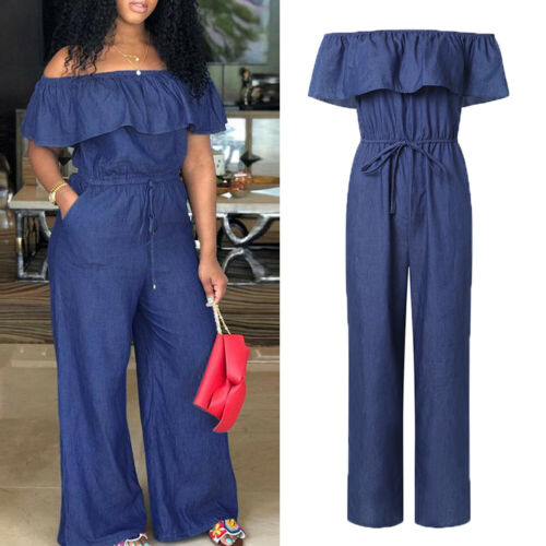 Off Shoulder Long Romper Ruffles Jumpsuit