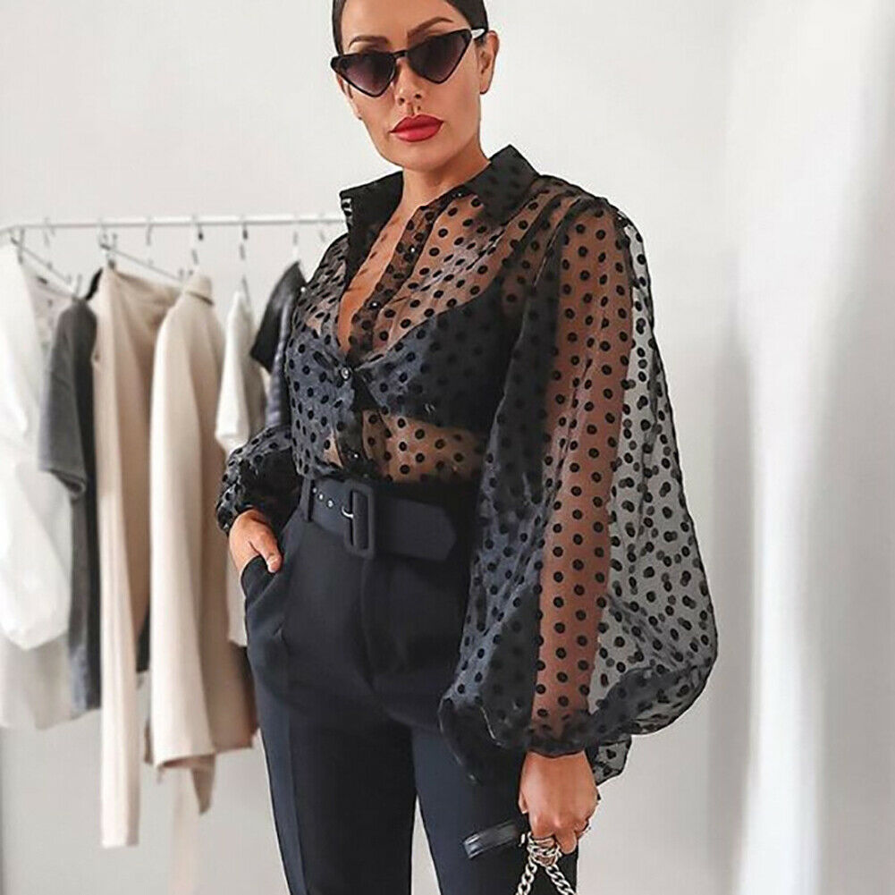 Mesh Shirt Vogue Women Polka Dot Retro Blouse