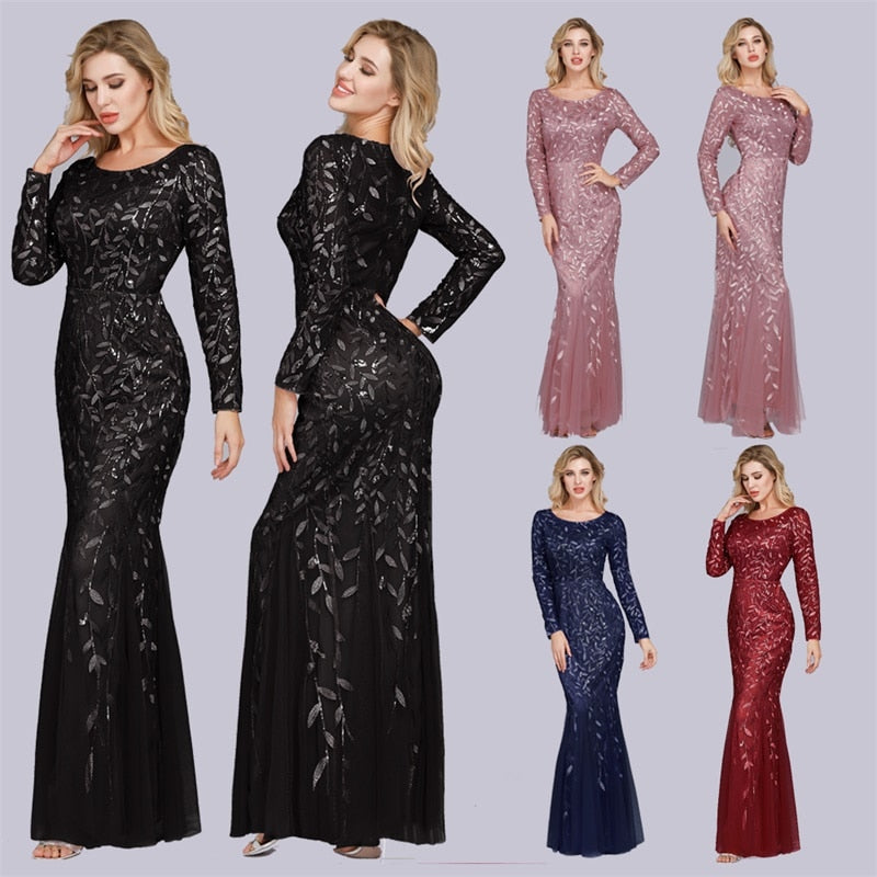 Full Sleeve Lace Appliques Mermaid Evening Dresses