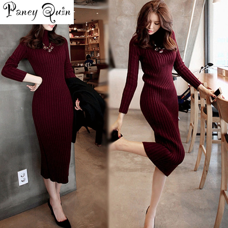 Slim Elastic Winter Sweater Knitted Long Dress