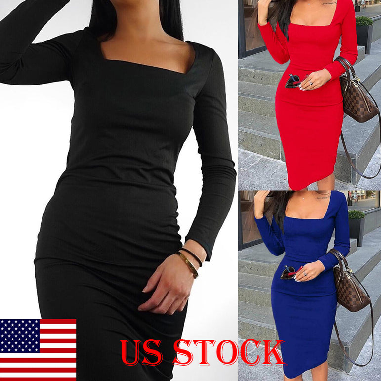 Elegant Long Sleeve Bodycon Cotton Dress