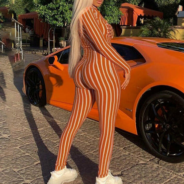 Long Sleeve Bodycon Stripe Clubwear Jumpsuit