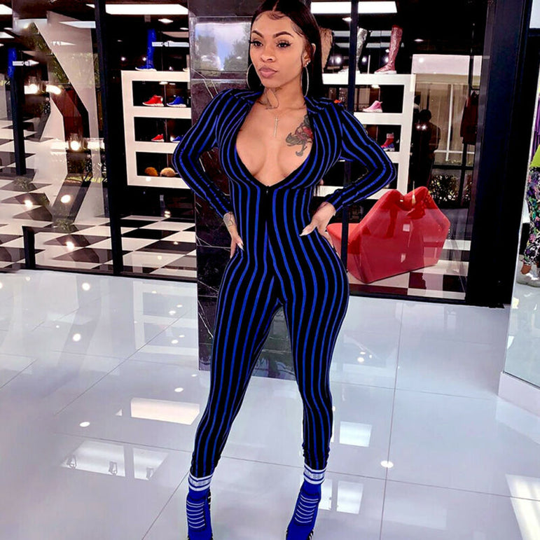 Long Sleeve Bodycon Stripe Clubwear Jumpsuit