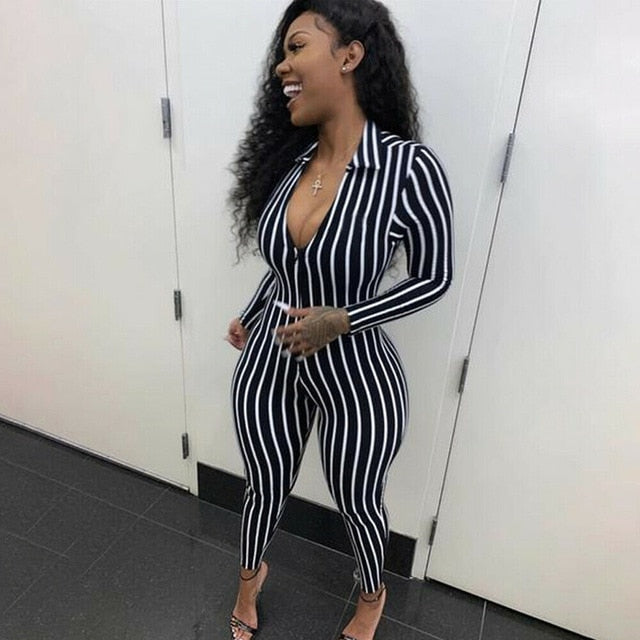 Long Sleeve Bodycon Stripe Clubwear Jumpsuit