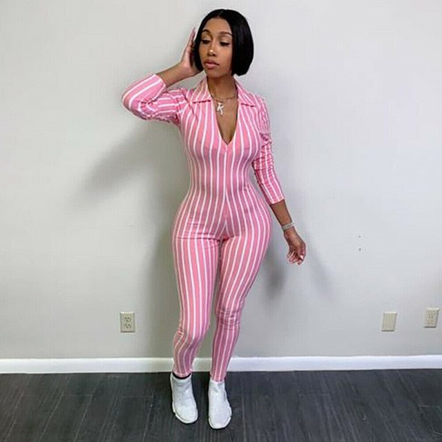 Long Sleeve Bodycon Stripe Clubwear Jumpsuit