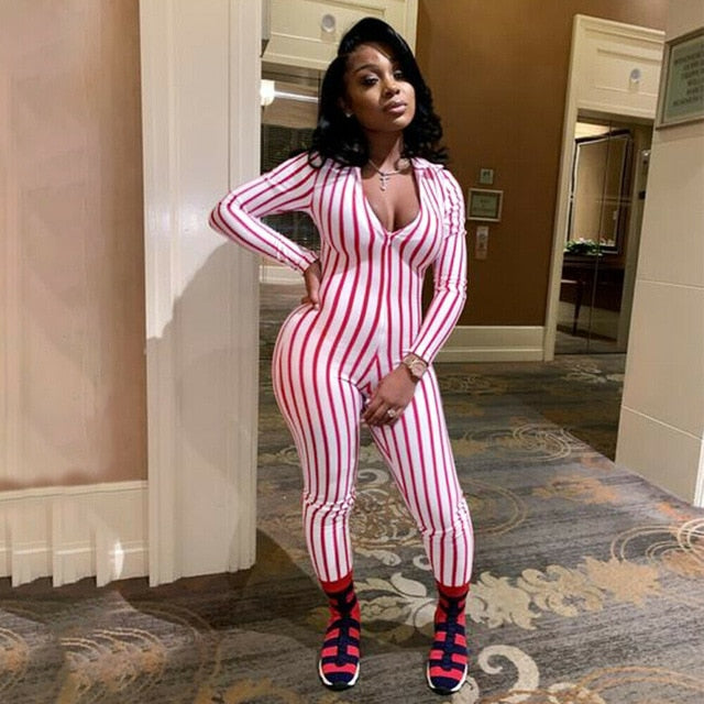 Long Sleeve Bodycon Stripe Clubwear Jumpsuit