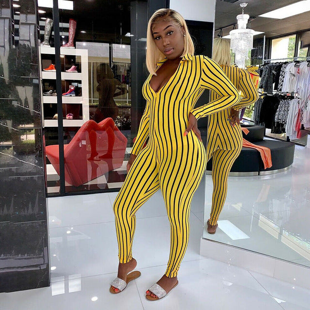 Long Sleeve Bodycon Stripe Clubwear Jumpsuit