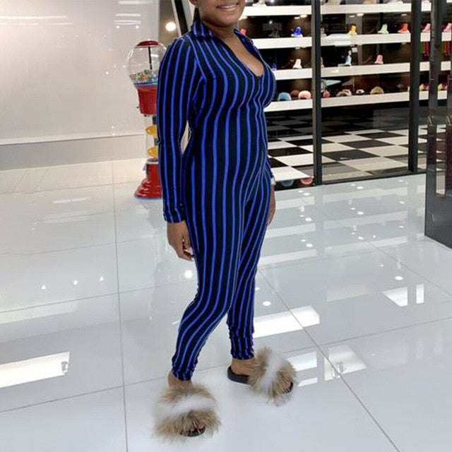 Long Sleeve Bodycon Stripe Clubwear Jumpsuit