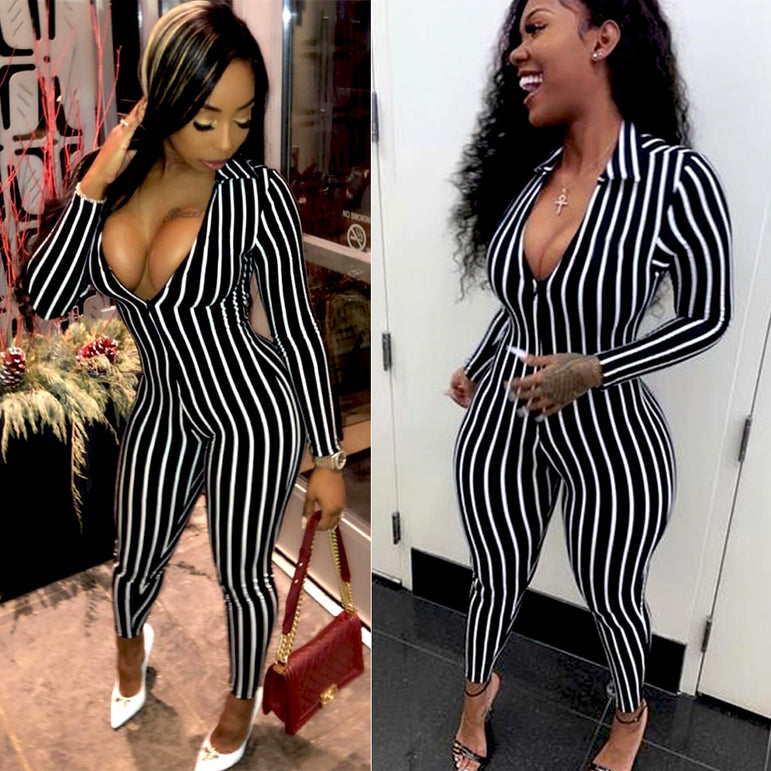 Long Sleeve Bodycon Stripe Clubwear Jumpsuit