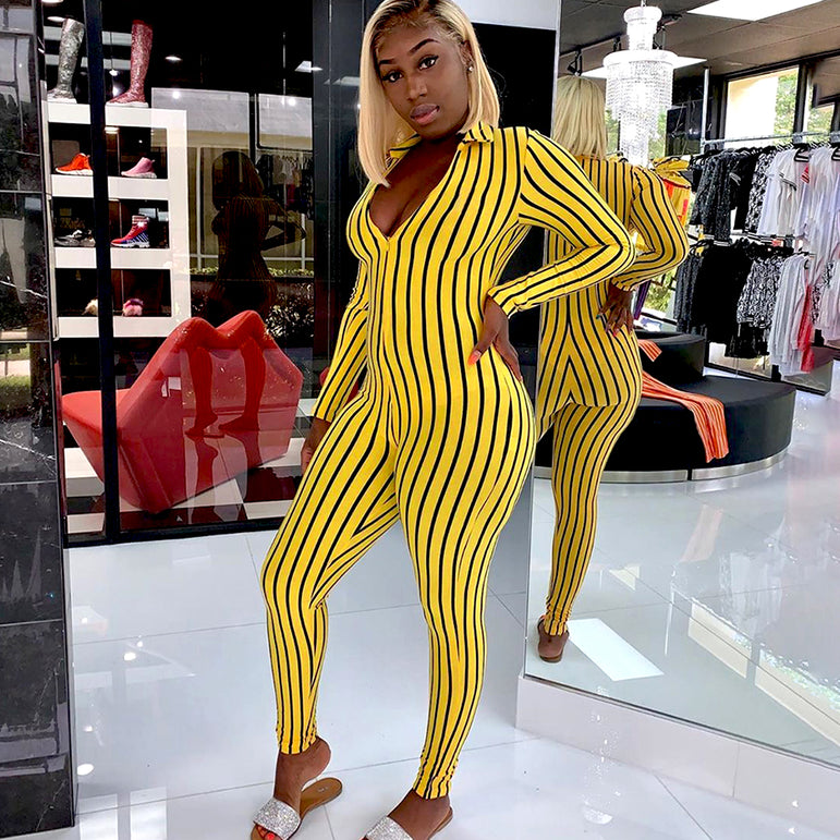 Long Sleeve Bodycon Stripe Clubwear Jumpsuit