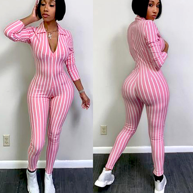 Long Sleeve Bodycon Stripe Clubwear Jumpsuit