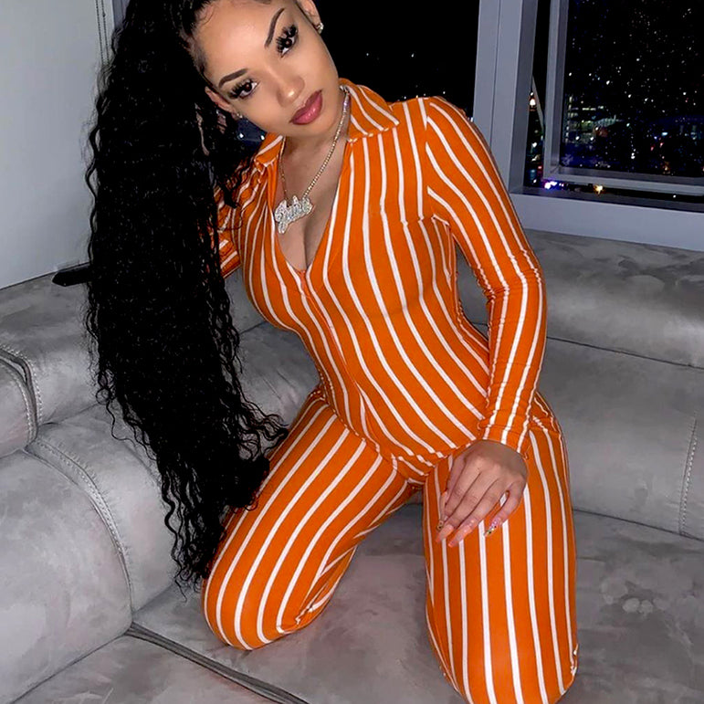 Long Sleeve Bodycon Stripe Clubwear Jumpsuit