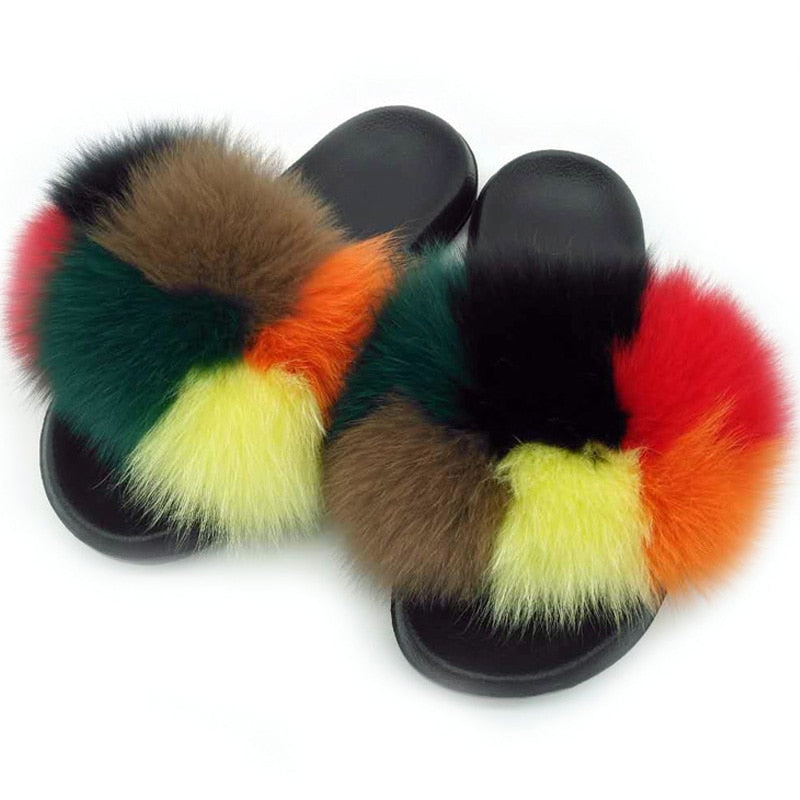 Non slip Real Fox Fur Slides Women Fluffy Fur Slippers