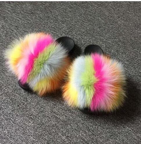 Non slip Real Fox Fur Slides Women Fluffy Fur Slippers