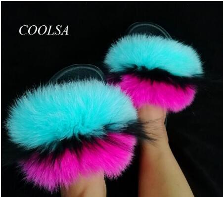 Non slip Real Fox Fur Slides Women Fluffy Fur Slippers