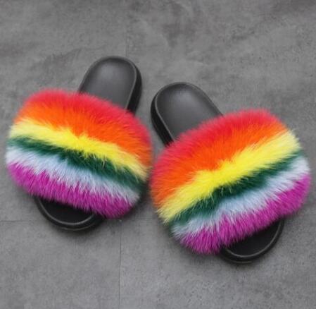 Non slip Real Fox Fur Slides Women Fluffy Fur Slippers