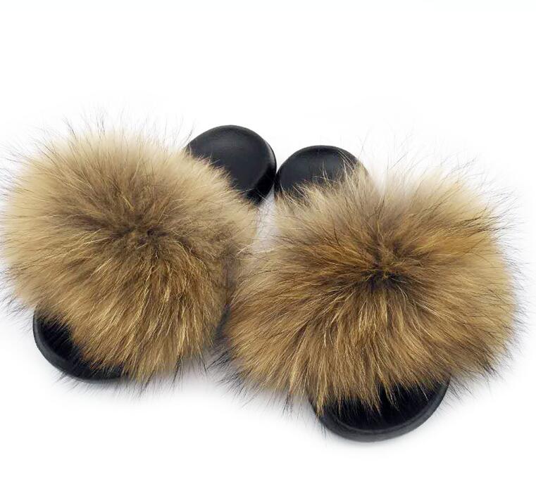 Non slip Real Fox Fur Slides Women Fluffy Fur Slippers