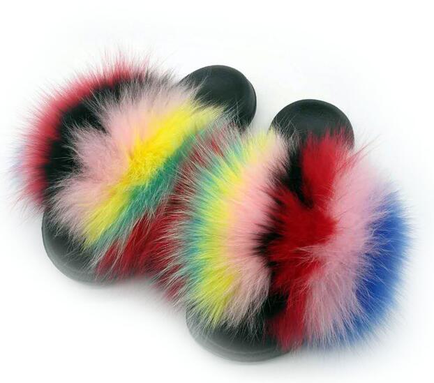 Non slip Real Fox Fur Slides Women Fluffy Fur Slippers