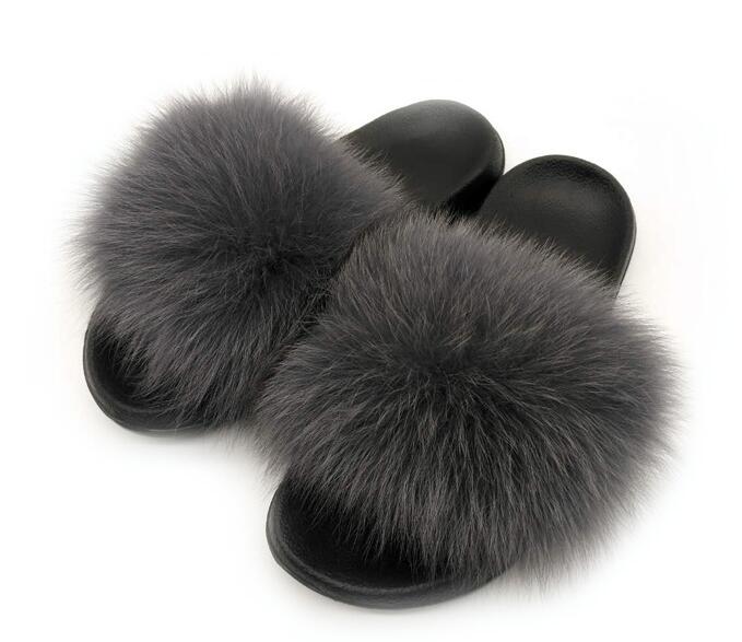 Non slip Real Fox Fur Slides Women Fluffy Fur Slippers