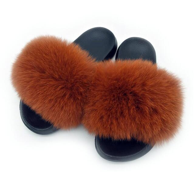 Non slip Real Fox Fur Slides Women Fluffy Fur Slippers