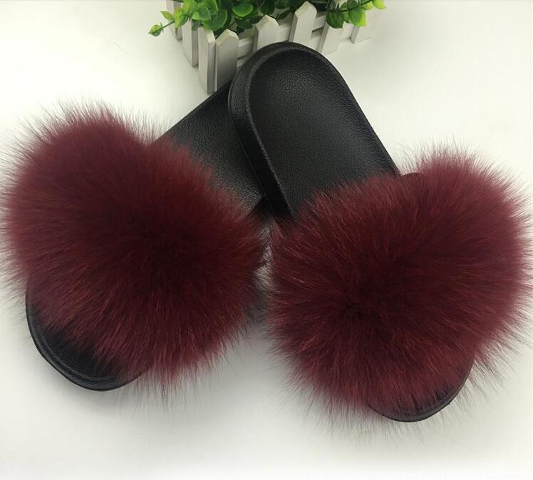 Non slip Real Fox Fur Slides Women Fluffy Fur Slippers