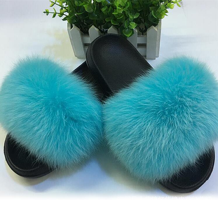 Non slip Real Fox Fur Slides Women Fluffy Fur Slippers