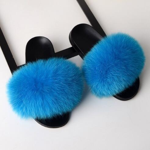 Non slip Real Fox Fur Slides Women Fluffy Fur Slippers