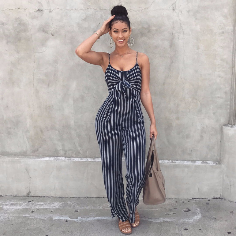 Elegant Striped Sleeveless Backless Bow Women Sets